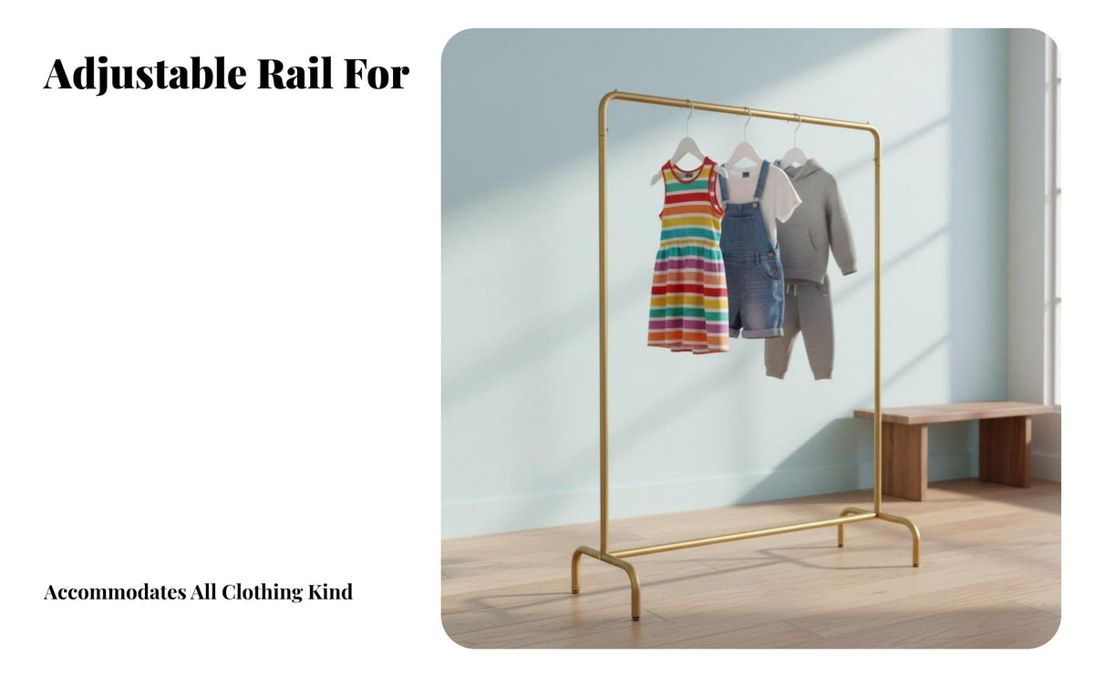 Gold Finish Single-Rod Clothes Stand with Shelves Adjustable Height Garment Rack Floor-Standing Design Clothing Organizer Multi-Functional for Boutique Owners, Apartment Dwellers, Bedroom, Retail shop, Entryway, Small Spaces