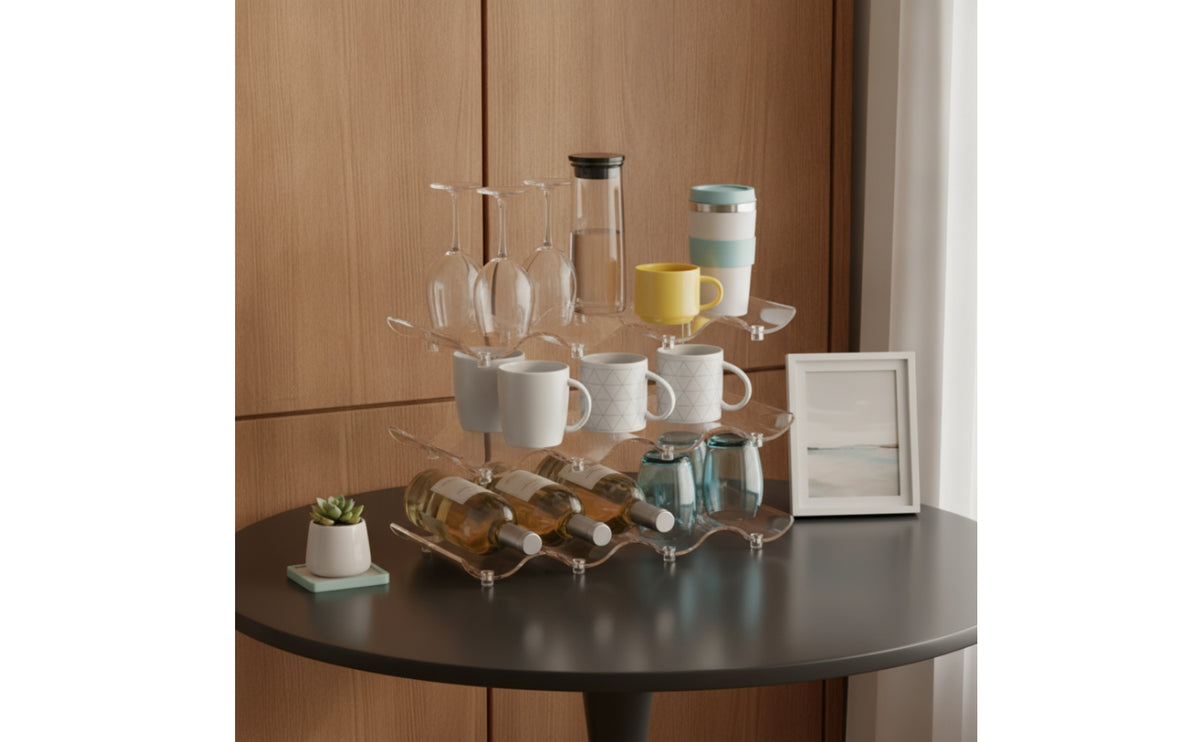 Cup Storage Rack Transparent Desktop Cup Organizer Clear Tumbler Rack with Wavy Layout for Countertop, Kitchen, Coffee Bar