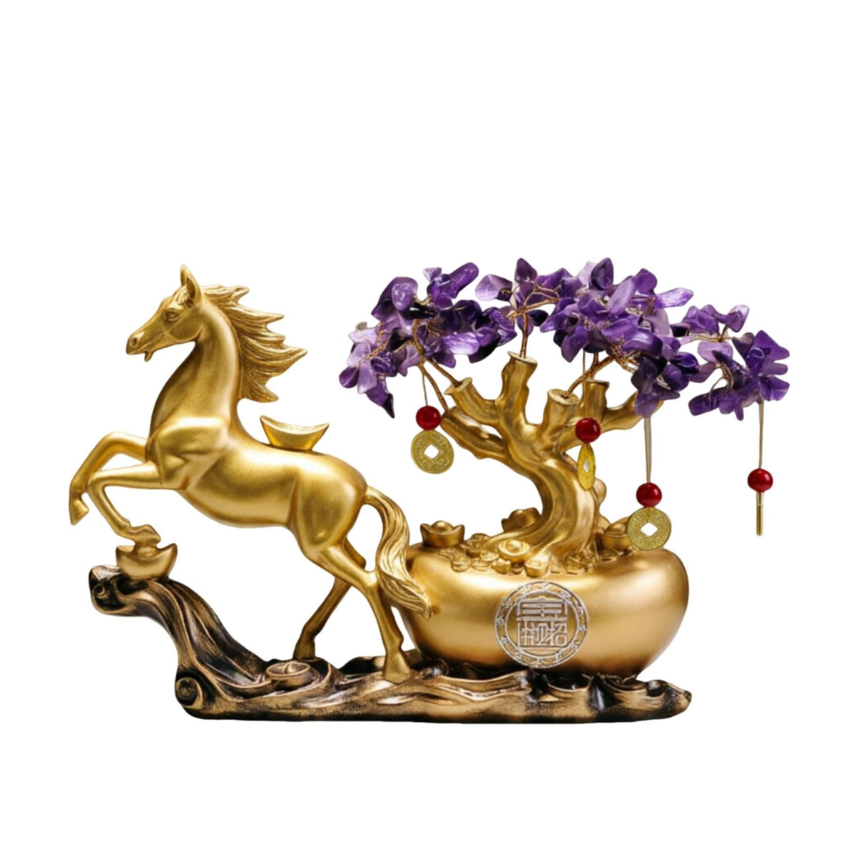 Gold-Colored Horse Statue with Wealth Tree Crystal-Like Feng Shui Horse Figurine Tabletop Decor Wealth for Business Owners