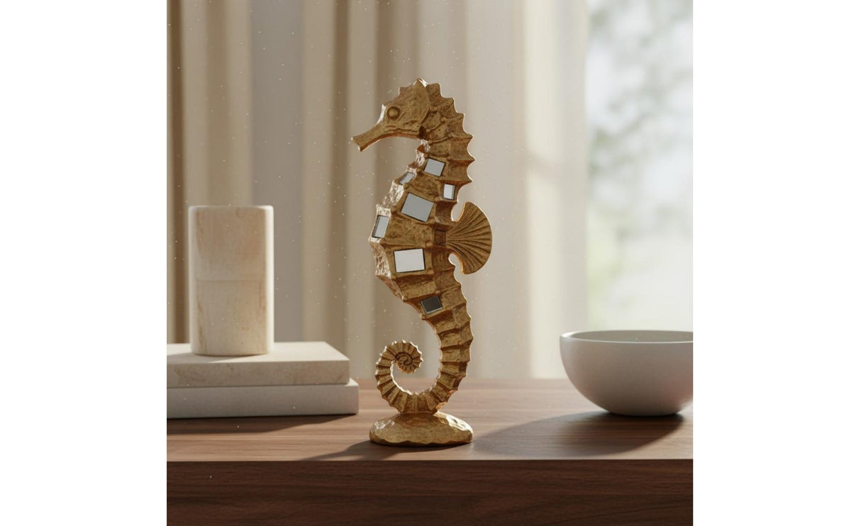 Resin Seahorse Sculpture Presentable Gold Seahorse Decor Handcrafted Details Table Ornament for Entryway