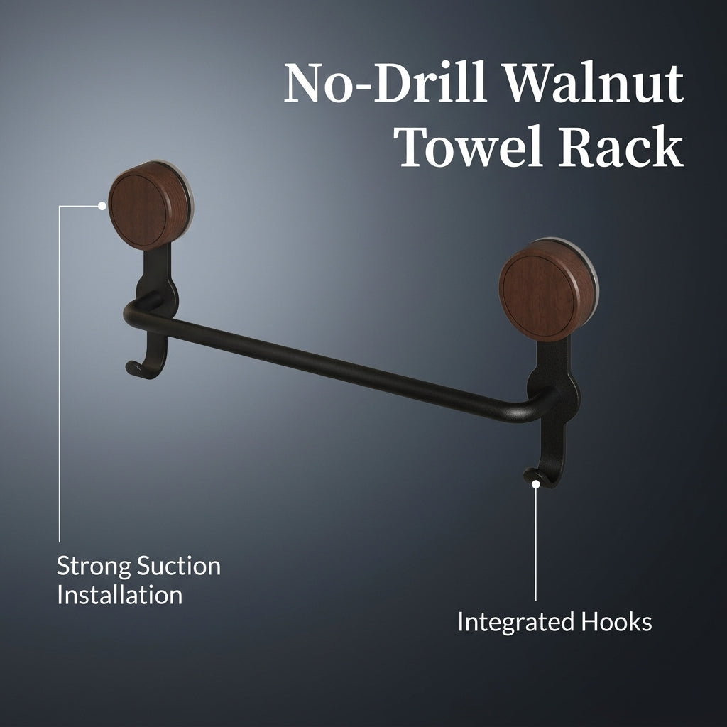 Bathroom Towel Storage, No-Drill Walnut Wood Bar for Washroom, Strong Suction Rack 24 Inch or 18 Heavy Duty for Homeowners