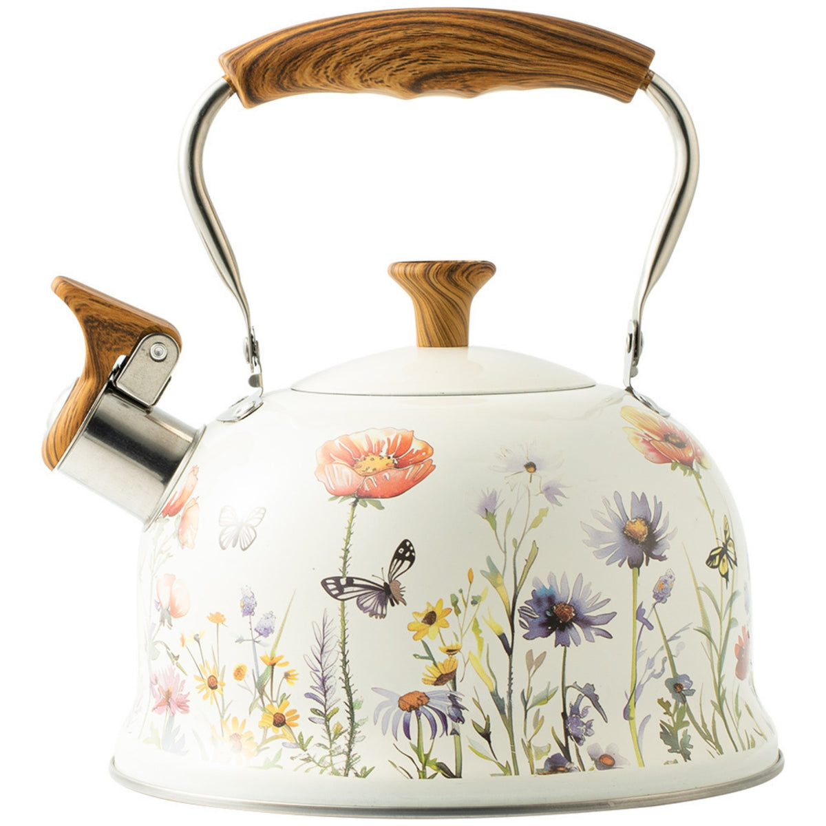 Floral Whistling Tea Kettle Wood-Grain Tea Kettle with Flip-up Spout Cottage-Style Fast-Boiling for Kitchen