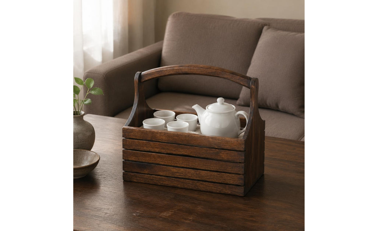 Wooden Hand Basket Vintage Style Rustic Wood Basket Handheld Design for Living Room, Tea Table, Home