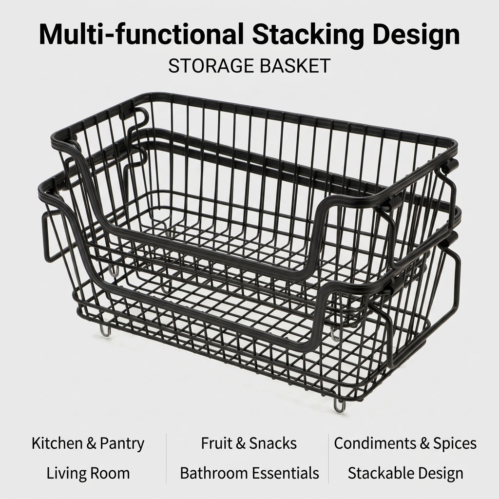 Kitchen Storage & Organisation Wire Baskets with Handles for Shelves, Stackable Metal Bins for Cupboards and Countertops