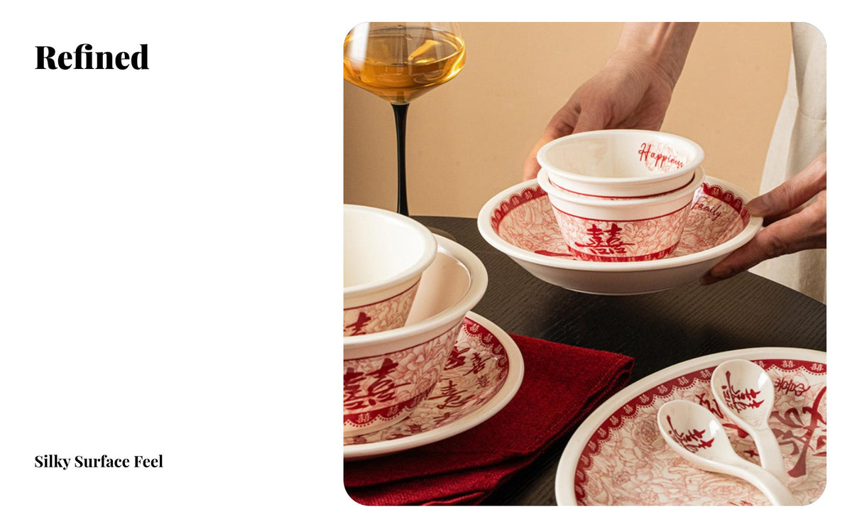 Festive Dinnerware Set, Red Ceramic Bowl Chopsticks, Under-Glaze, Gift Box, Wedding Housewarming