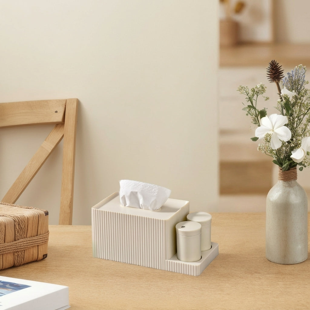 Ivory Tissue Box Cover, Premium Rectangular Tissue Dispenser with 3 Storage Compartments, Multi-Purpose Holder for Bathroom, Office, Living Room