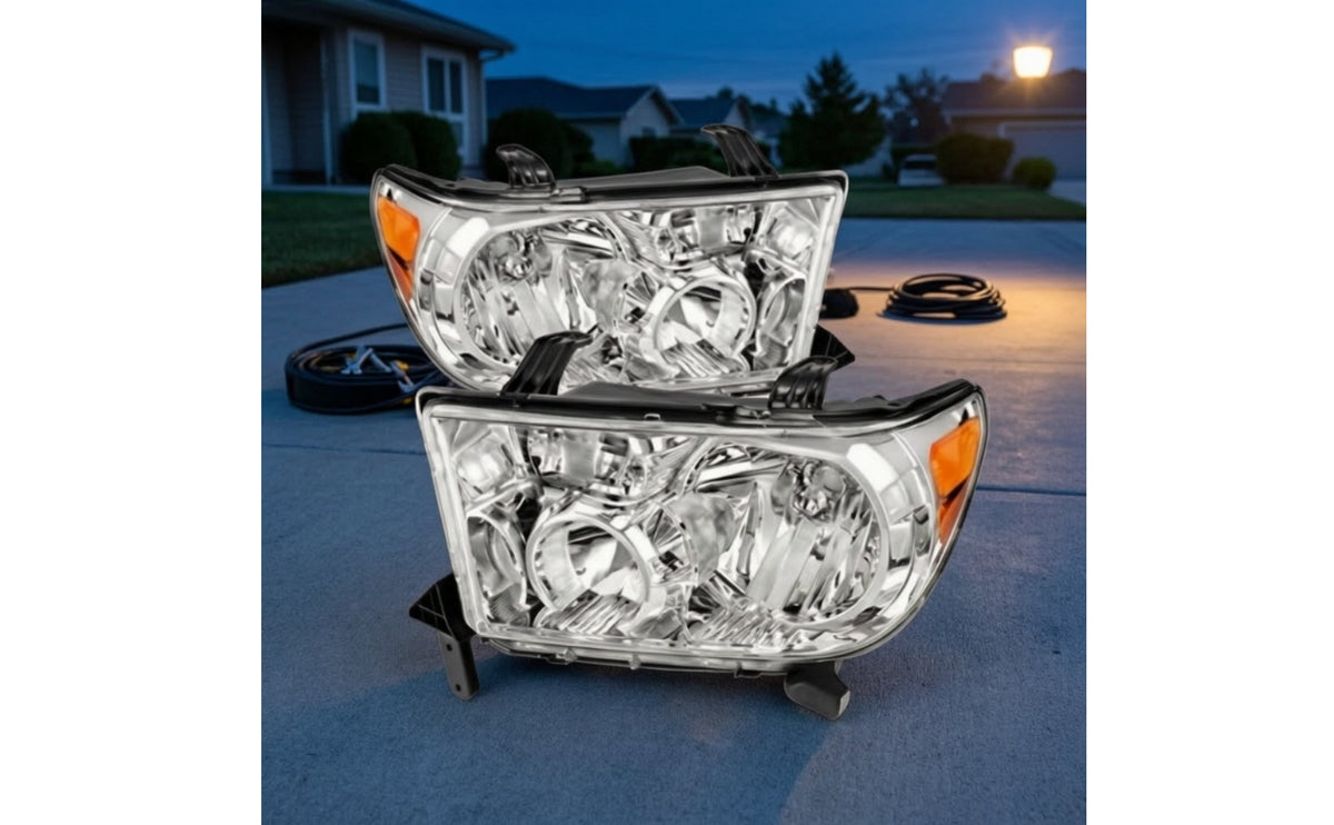 Clear Lens Headlight Assembly Pair Halogen Style Pair of Headlights Direct Replacement Headlight Assembly with Chrome Housing and Amber Reflector Bright for Mechanics