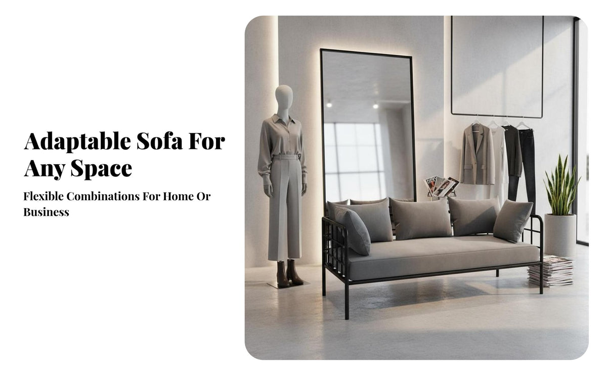 utilitarian aesthetic Iron Frame Settee Minimalist Design Sofa Modern Aesthetic Small Couch stylish for Interior Designers, Apartment Dwellers, Clothing boutique, cosmetic studio, Office Reception, Waiting Room