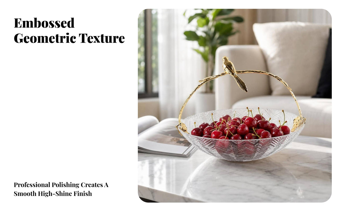 Tabletop Fruit Tray with Handle | Gold Metal Accents, High-translucency, Fruit Bowl with Handle, for Living Room