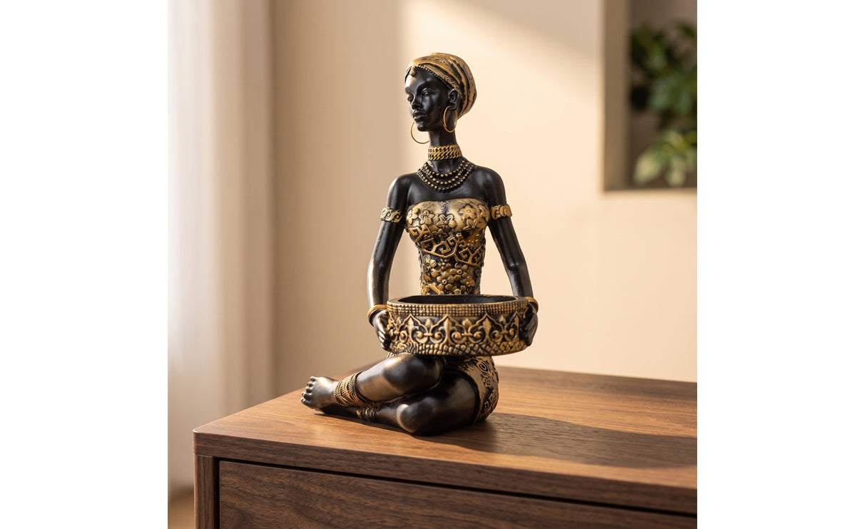 Figurine with Basket Sculptural Statue with Bowl Handmade Key Bowl for Vanity