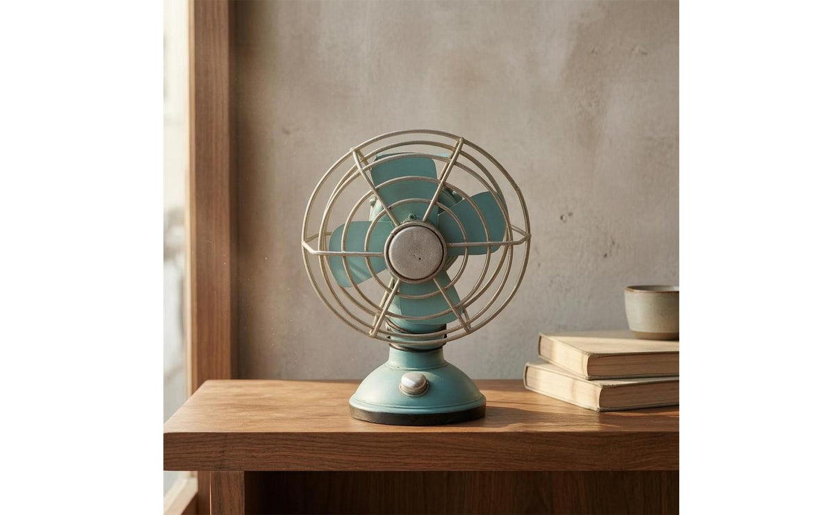 Teal Finish Vintage Desk Fan Wire Safety Guard Retro Desk Fan Decor Tabletop Detailed Design for Desktop, Shelf, Home, Cafe