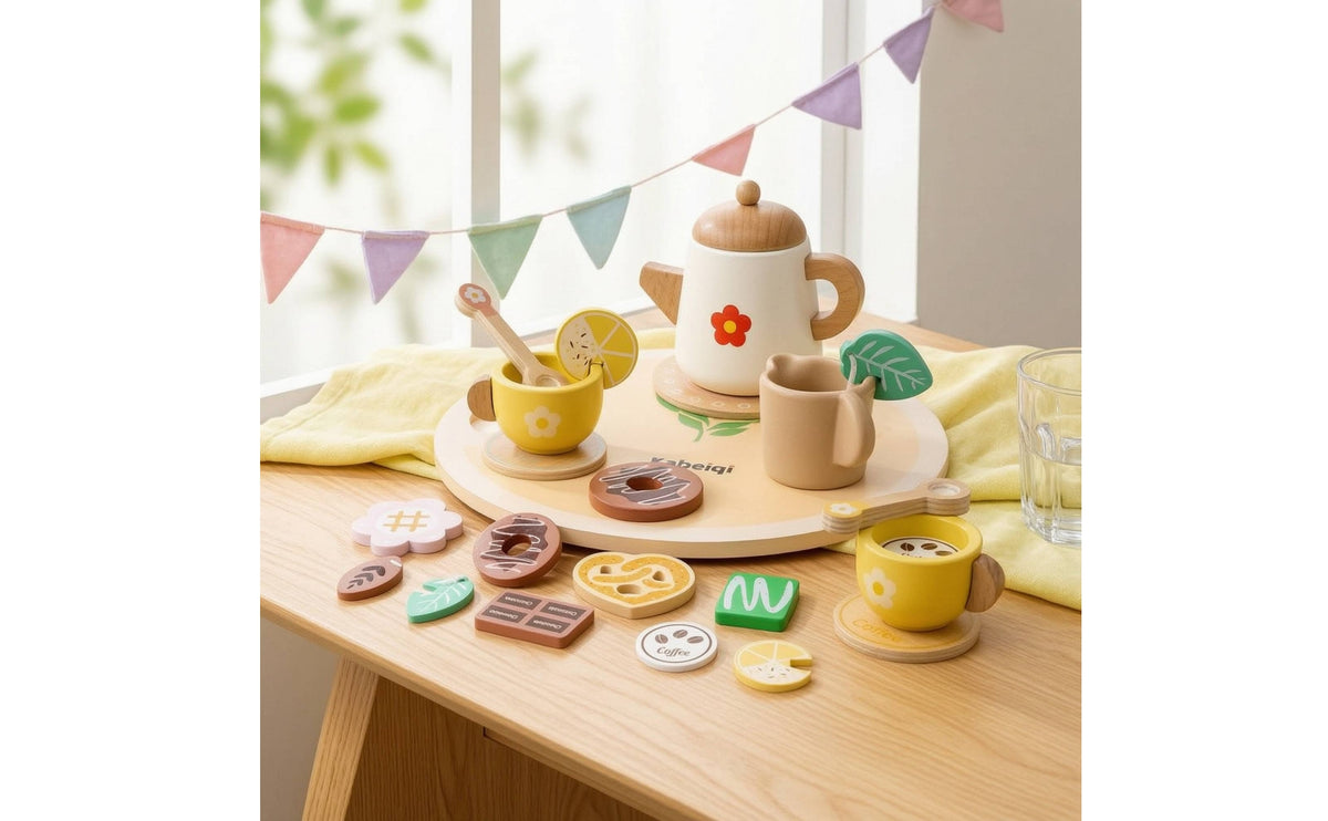 12 Pieces Wooden Tea Set Preschool Pretend Tea Set Wooden Playset Kids Colorful for Nursery