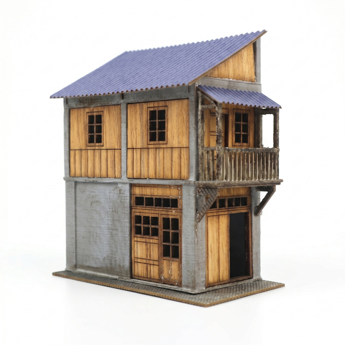 Railway Building Kit Two-Story Scale Model Building Diorama House Wood-Grain Diorama Kit Corrugated for Modelers, Dioramas