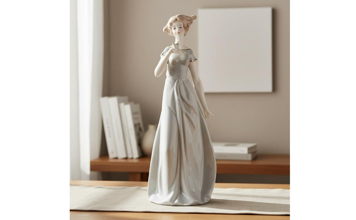 Ceramic Lady Figurine Gift Idea Porcelain Lady Sculpture Crafted Aesthetic Elegant Female Sculpture for Beverage Cabinet, TV Stand, Living Room