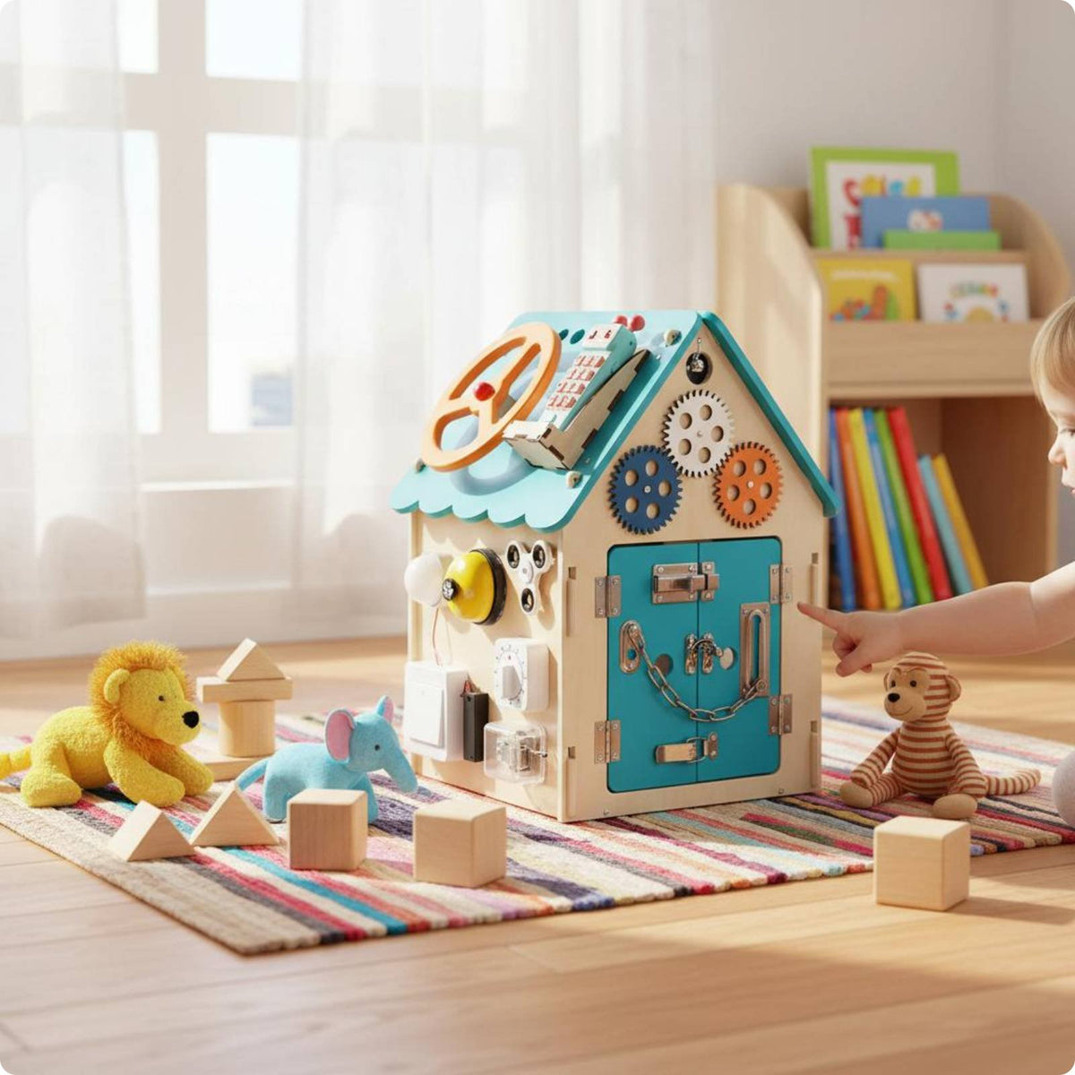 Fine Movement Skills Educational Busy House Multiple Interactive Panels Wooden Busy House Hand-Eye Coordination Lock Learning Toy Logical Thinking for Babies, Toddlers, Early Education, Indoor Play