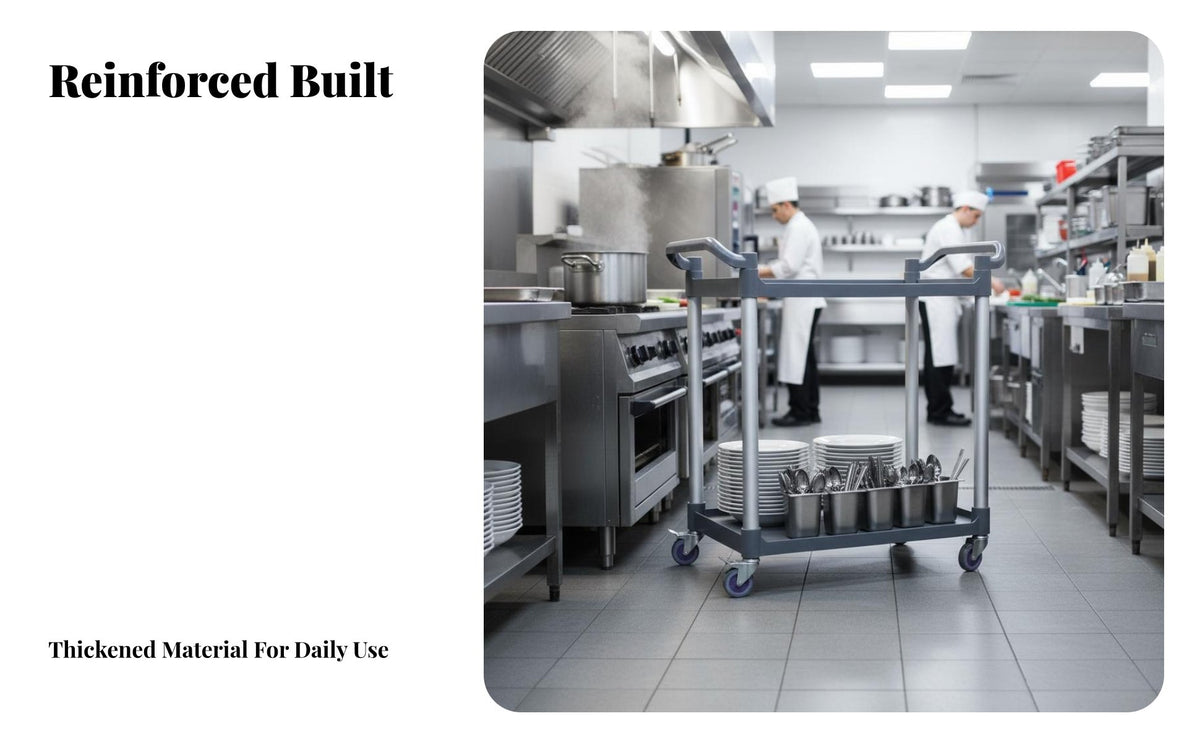 Multi-Functional Plastic Rolling Service Cart 360° Swivel Casters Restaurant Bussing Cart Large Capacity Rolling Service Trolley Long-Lasting for Professionals, Janitorial Personnel, Warehouse Workers