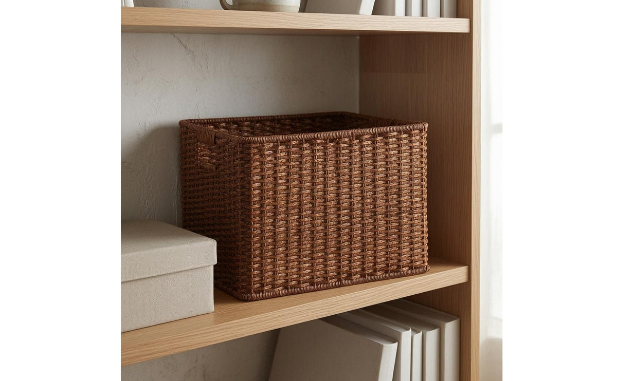 Uncovered Top Rectangular Rattan Basket Iron Frame Rattan Storage Basket Thickened Rims Decorative for Organization