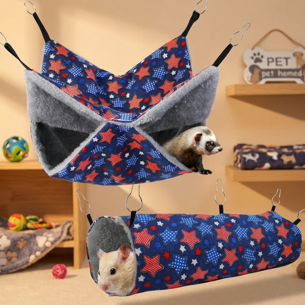 Cartoon Hamster Hammock and Hamster Tunnels 2-Piece Set, Polyester Sleeping and Hiding Cage Accessories, for year-round Indoor Use