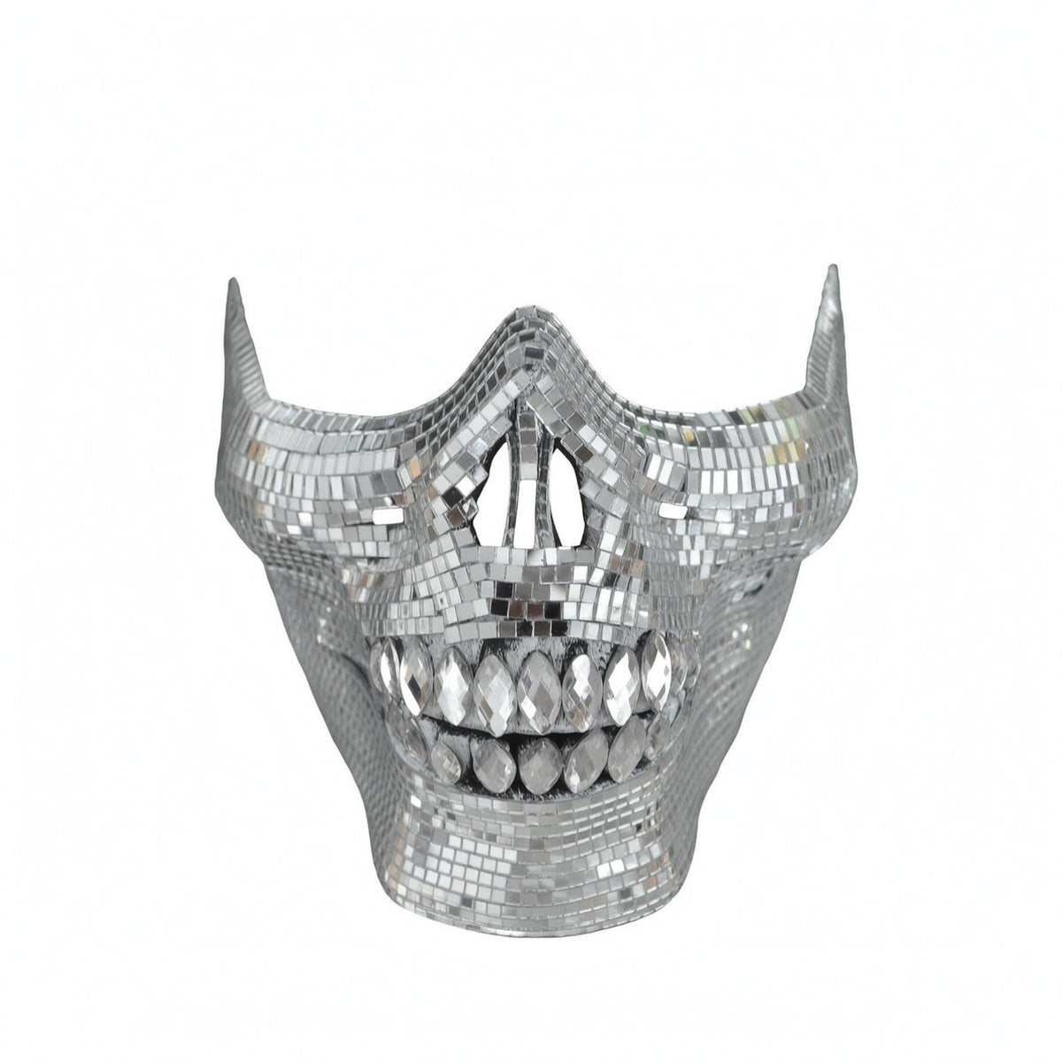 Mirrored Horned Skull Mask Mosaic Half Face Skull Mask Reflective Costume Accessory Gleaming Finish