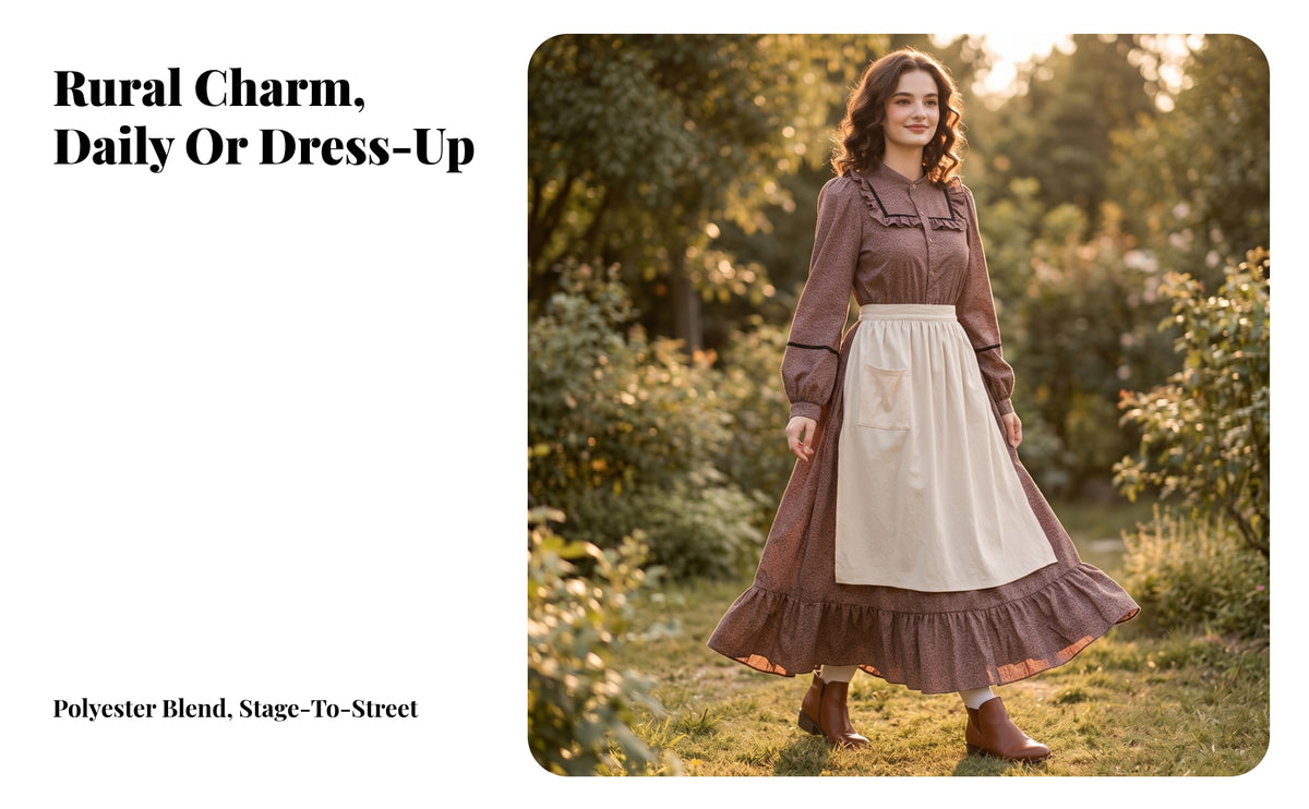 Long-Sleeved Settler Dress with Apron | Vintage-themed, Colonial Dress, for Costume Parties