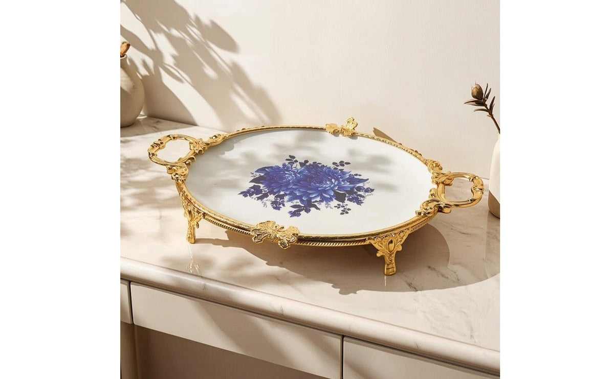 Ceramic Platter with Metal Frame Oval Serving Tray with Handles Glossy Serving Platter for Hosts, Dining Table, Buffet, Tea Party