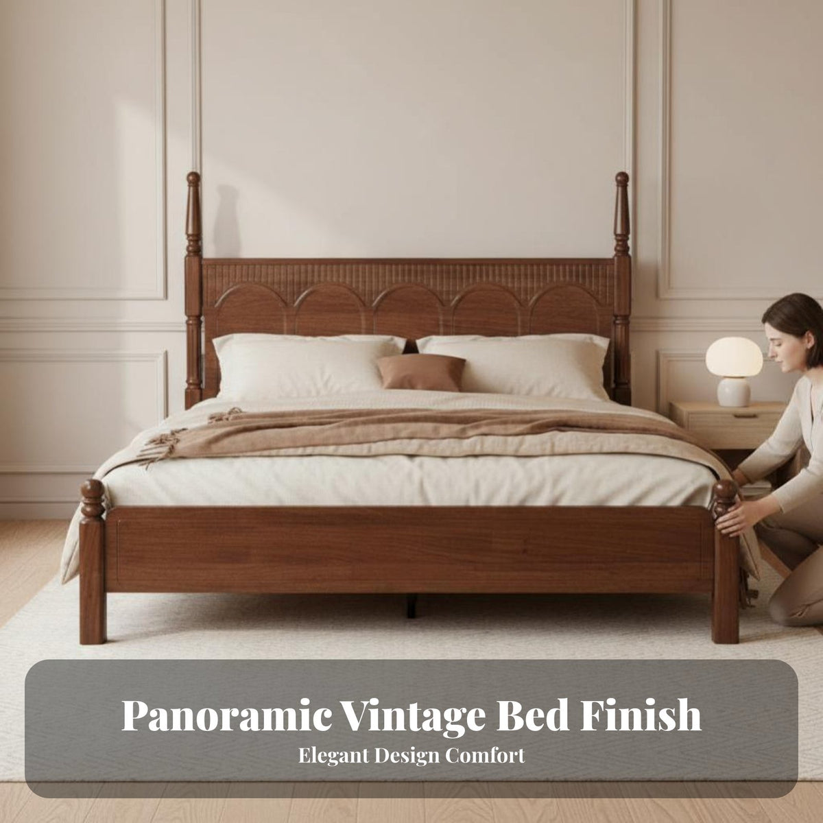 Curved Headboard Bedstead sturdy Wood Construction Bed Frame Walnut Finish Bedroom Furniture for partners, homeowners, Guest Room, Home, Apartment