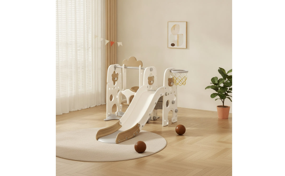 Young Child Slide and Swing Set Indoor Climber Playset with Basketball Hoop Bear-Themed Young Child Slide with Basketball Hoop for Young Children