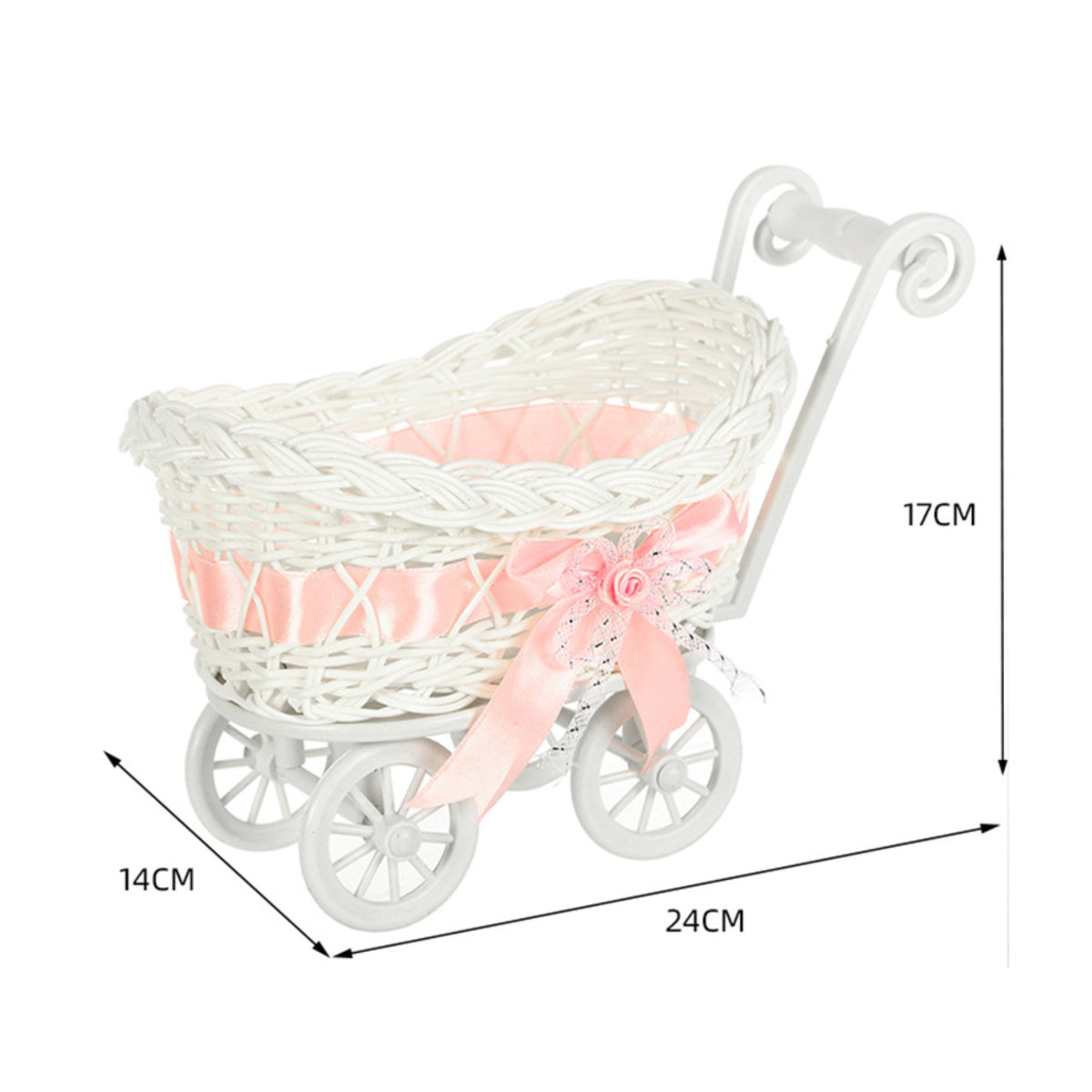 Handwoven Trolley Basket Rolling Wheels Woven Basket Pink Satin Bow Decorative Wagon uncoveredTop for Candy Holder, Small Item Storage