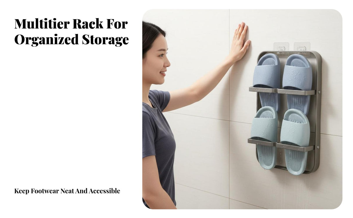 Drilleffortless Installation Wall-Mounted Slipper Holder Draining Design Footwear Holder Multi-Tier Shoe Rack Space-Saving for Homeowners, Families, Bathroom, Behind the Door, Entryway, Dorm Room