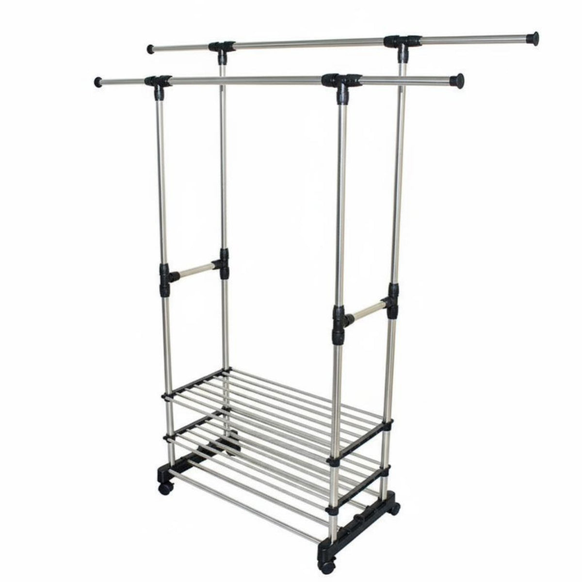 Rolling Double-Bar Clothes Rack Extensible Rod Drying Stand Easy to Assemble