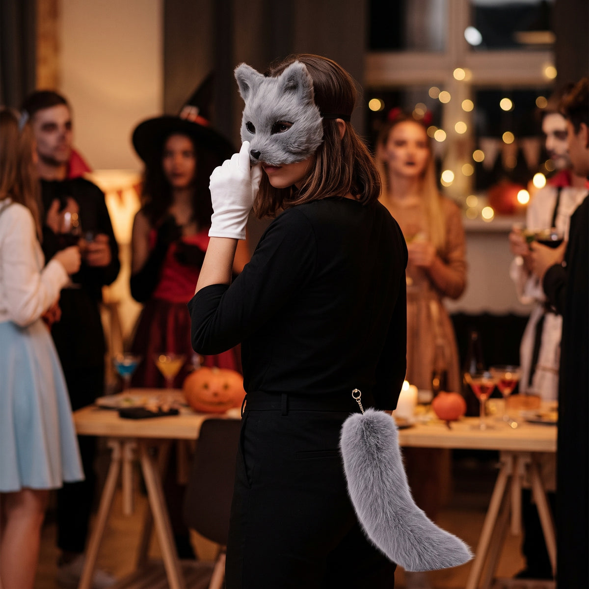 Fox Cat Face Mask and Tail Set for Halloween Parties and Stage Performances