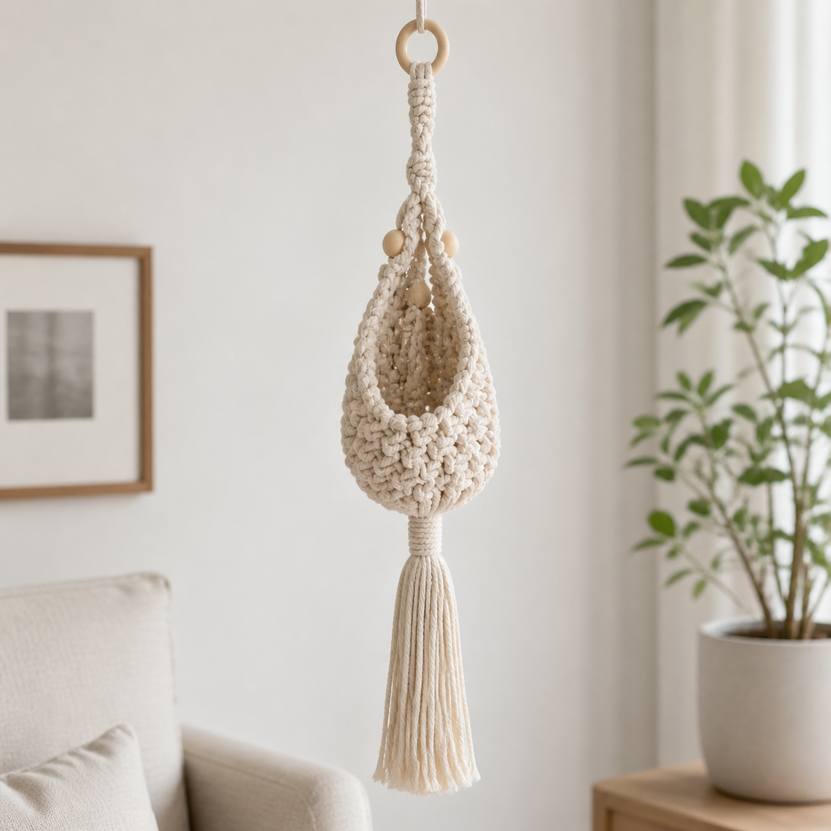 Handmade Macrame Plant Hanger, Hand-Woven Fiber Hanging Basket, Breathable Bohemian Hanging Planters for Air Plants, Indoor Outdoor Home Decor