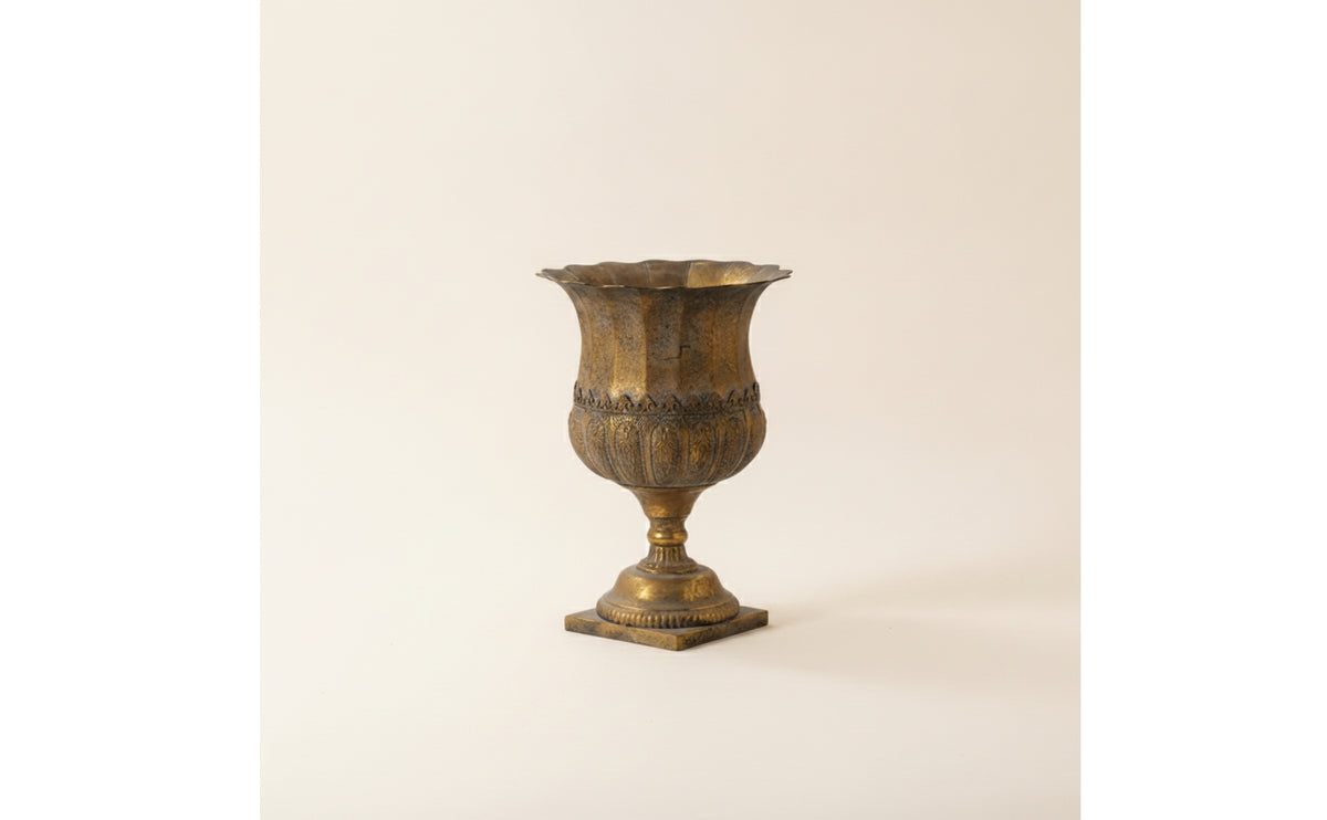 Pedestal Vase Antique-Vintage-Look Vase with Gilded Border-Tone Urn with Square Foot for Entryway, Lobby, Living Room