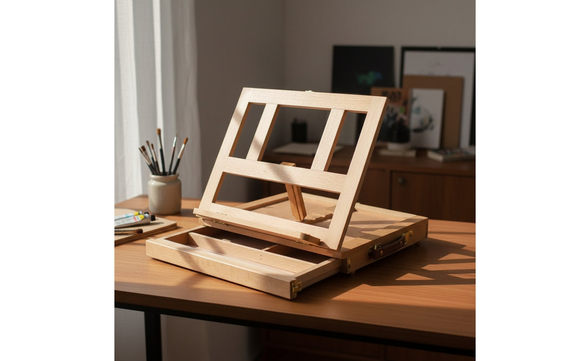 Beechwood Drawing Box with Easel Wooden Tabletop Easel with Drawer Fold-out Compact for Artists, Hobbyists, Students, Outdoor Sketching, Studio