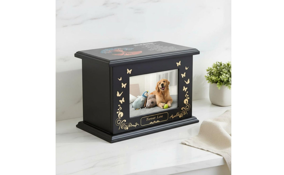 Cat Cremation Urn with Picture Frame Forever Inscription Pet Photo Urn Tree of Remembrance Canine Motif Memorial Keepsake Box