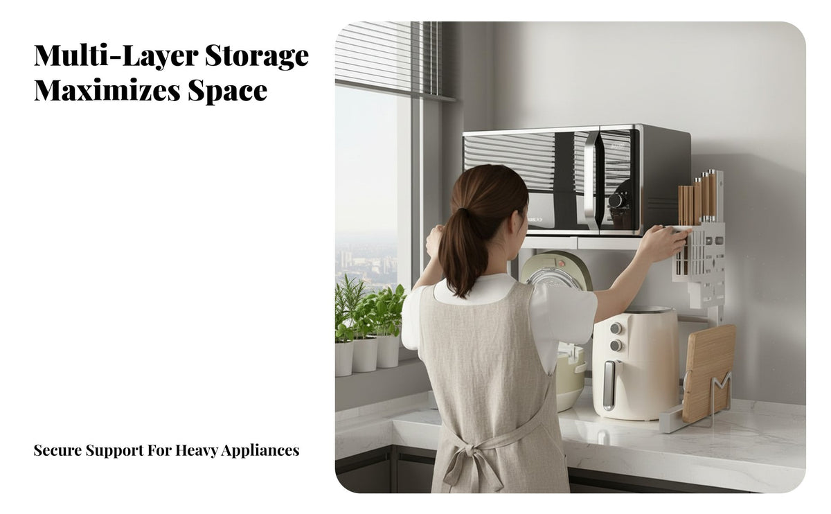 Space Saver Expandable Microwave Oven Rack Multifunctional Adjustable Countertop Storage Shelf Non-Slip Feet Expandable Microwave Stand Heavy Duty for Home Cooks, Homeowners, Students, Small Apartments, Pantry, Coffee Bar, Office