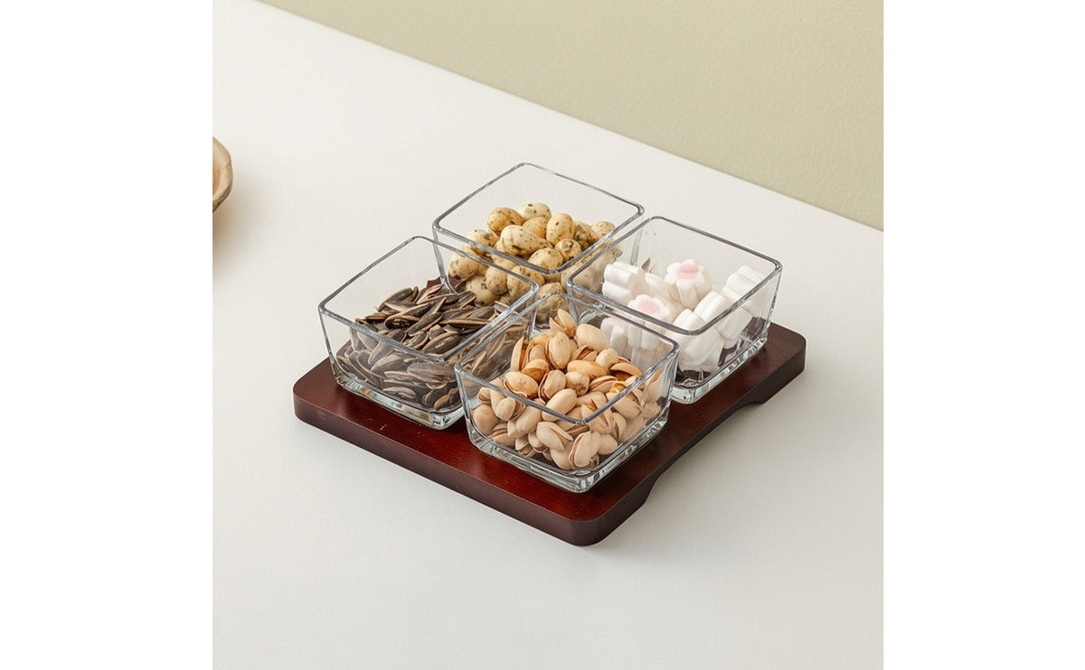 Serving Tray with Glass Containers Clear Wooden Compartment Tray with Glass Bowls Sturdy Solid for Hosts, Tea Table