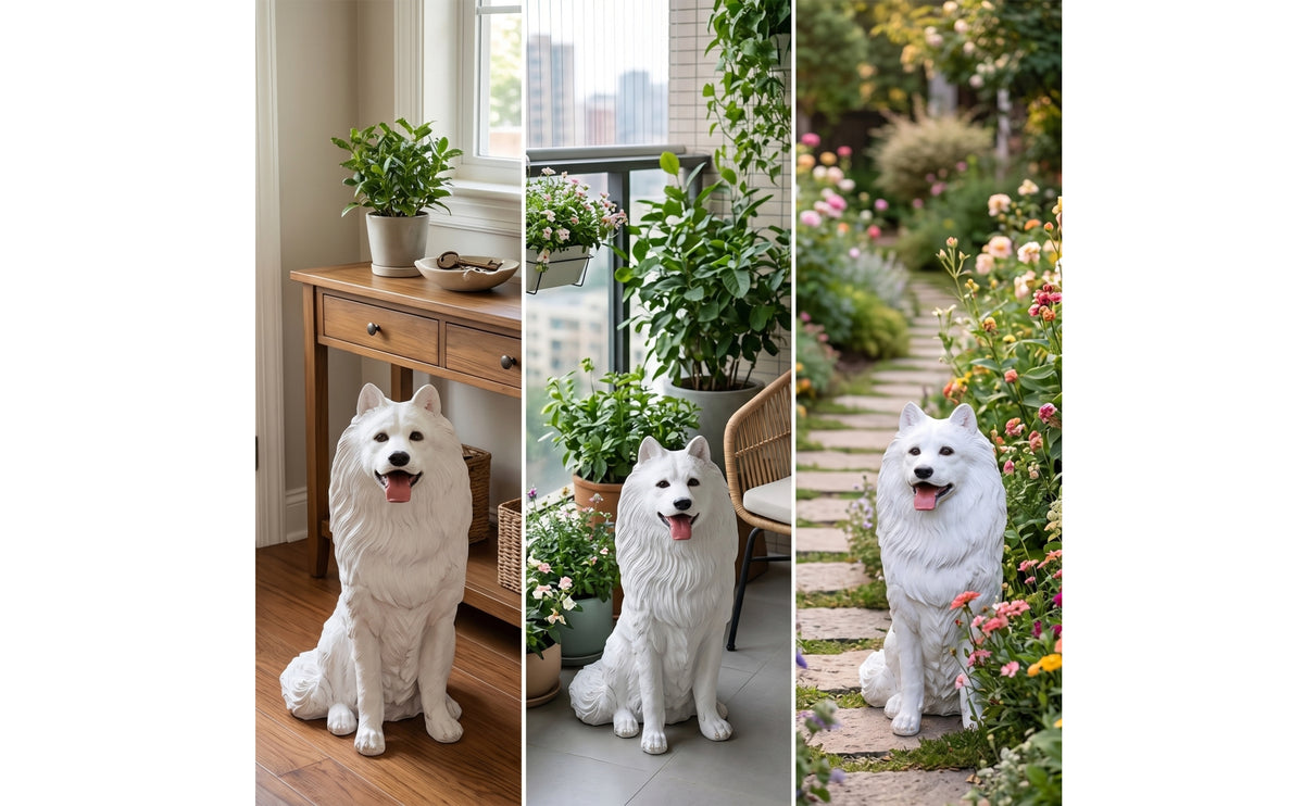 Resin Samoyed Dog Figurine Seated Resin Dog Figurine Textured Samoyed Sculpture for Entryway, Living Room, Garden