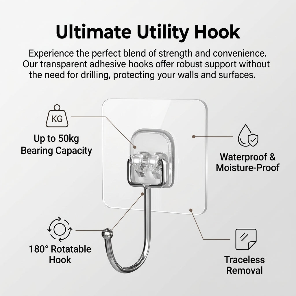 Adhesive Hooks Heavy Duty for Kitchen, Strong Sticky Hooks No Damage , Utility Hooks for Apartment Decor and Homeowners, 5 Pack Clear Wall Hooks
