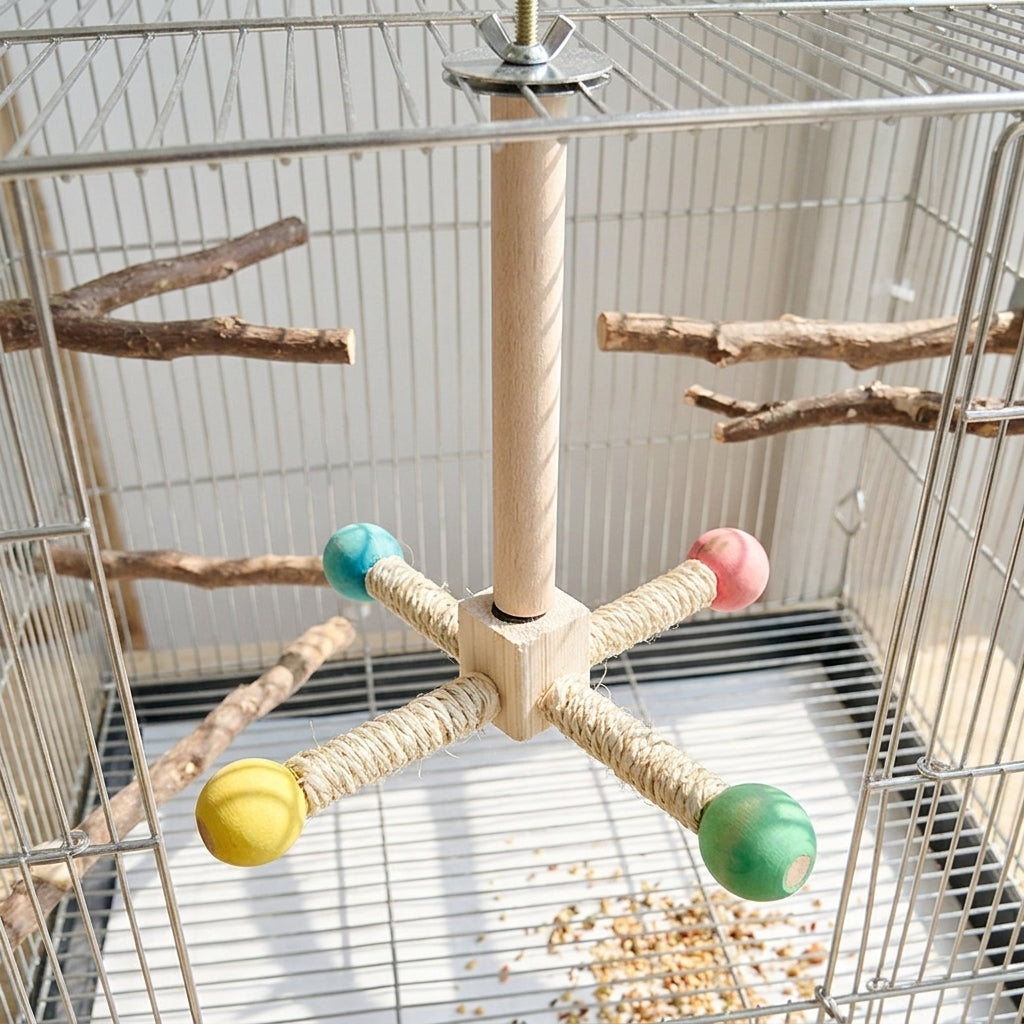 Rotating Perch Parrot Toy with 4 Wood Branches, Rotating Wooden Bird Toy for Cockatiel, Colorful Ball Bird Cage Toy Decor