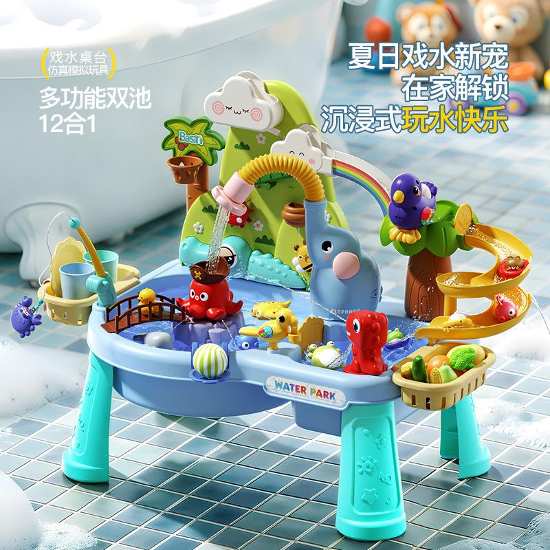 Cross-border Children's Role-play Water Table Toy Electric Circulating Water Fishing Water Park Pool Slide Dishwashing
