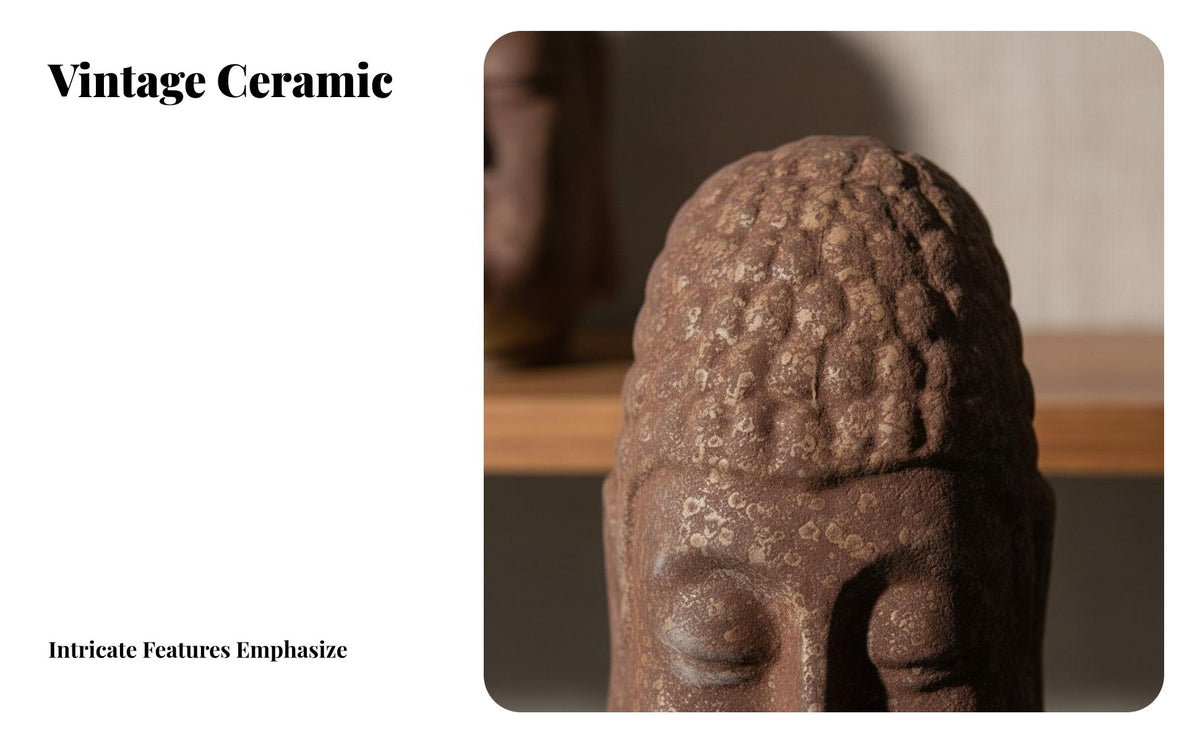 Retro Distressed Finish Buddha Head Statue Japanese Design Buddha Head Wabi-Sabi Art Piece for Spirituality Seekers, Interior Decorators, Business Owners, Hotel, Meditation Room, Mindfulness Practice Studio, Office