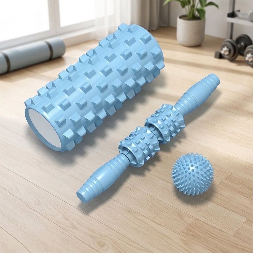 Foam Rollers for Muscles, Portable Massage Set 33cm Medium Density Textured, Massage Balls & Knobbed Stick for Muscle Recovery