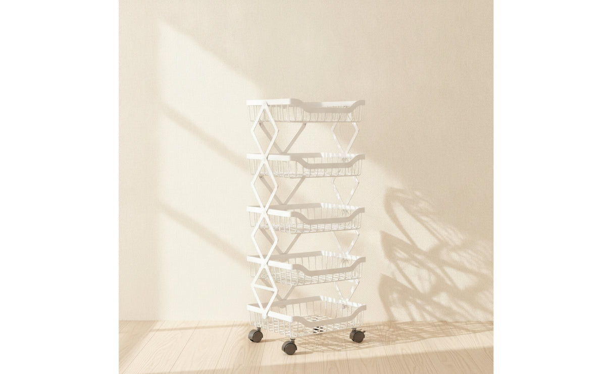 Metal Wire Storage Rack with Baskets 5-Tier Storage Rack on Wheels Space-Saving Versatile Folding Basket Organizer for Pantry