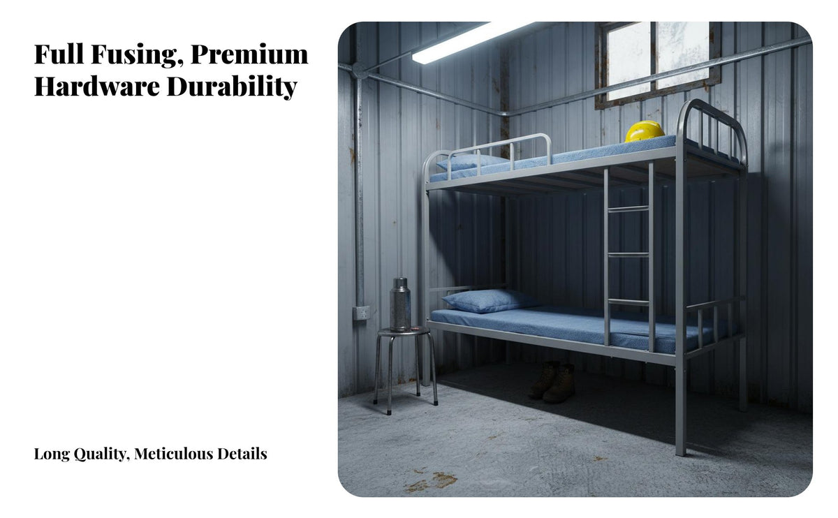 Stable Structure Steel Frame Bunk Bed Space Saving Metal Bunk Bed Full-Length Guardrail Dormitory Furniture Anti-Slip Ladder for Students, Roommates, Dorm Room, Construction Site Barracks, Bedroom
