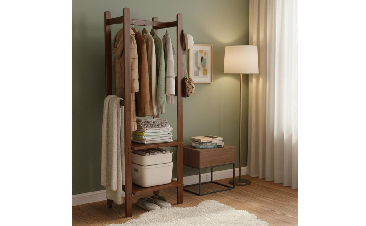Modern Simple Design Freestanding Closet Organizer Multi-Functional Rolling Garment Rack Large Capacity Bamboo Clothes Hanging Rack Heavy Duty for Entryway
