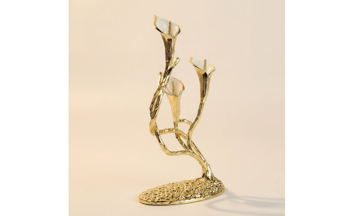 Three-Head Candelabra Sculptural Floral Candlestick Holder Elegant for Mantel