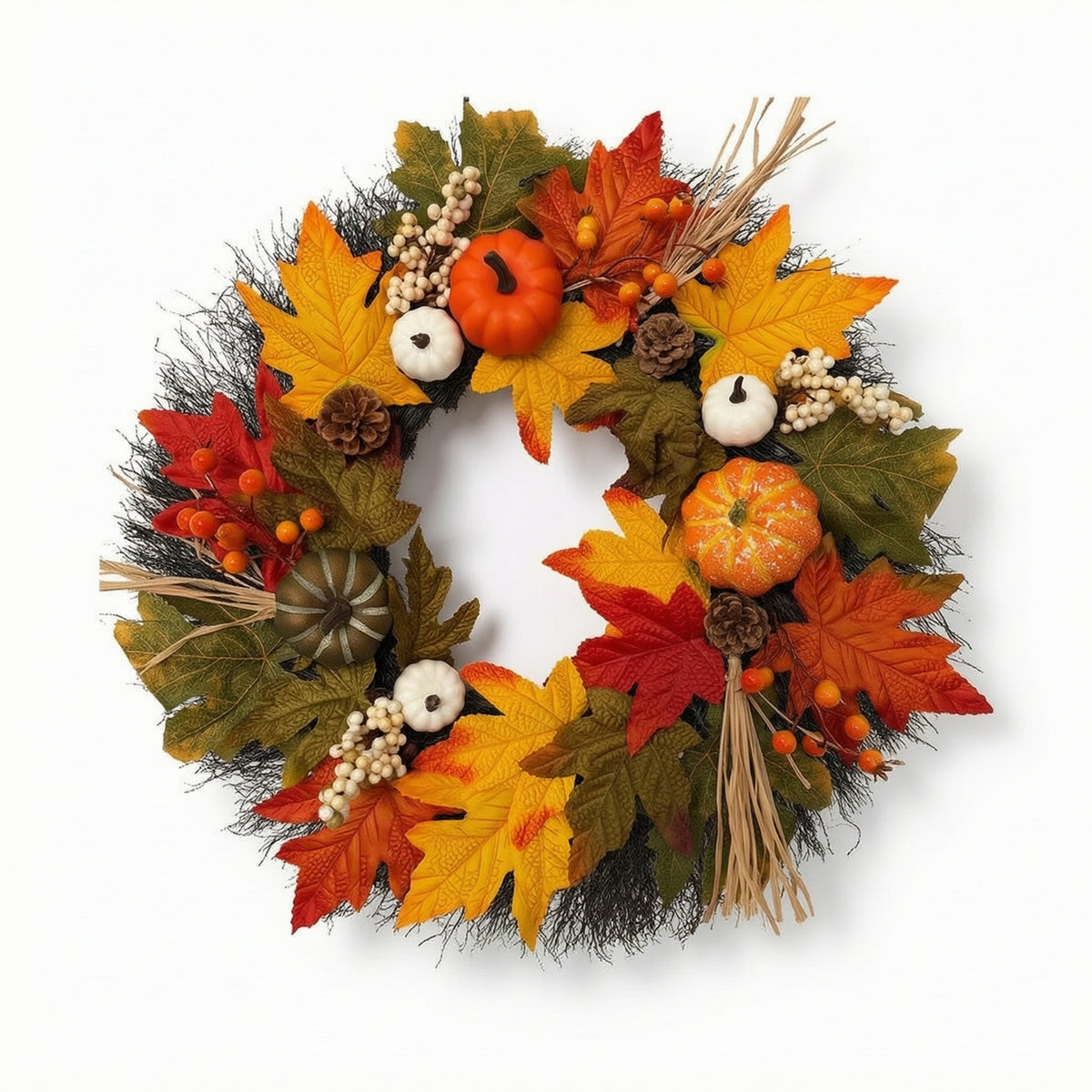 Artificial Fall Wreath with Pumpkins Full Maple Leaf Wreath with Pinecones Textured Farmhouse for Homeowners, Decorators, Entryway, Thanksgiving