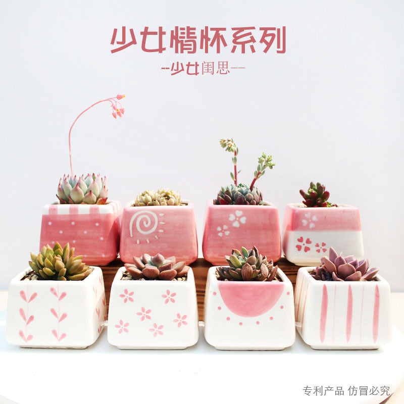 Hand-Painted Pink Square Succulent Planter Pot
