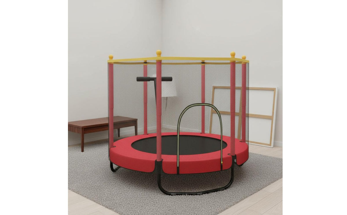 Padded Frame Cover Kids' Trampoline with Safety Enclosure Adjustable Handlebar Indoor Toddler Trampoline with Handle Foldable Children's Jumping Bed Quiet Operation for Toddlers, Playroom